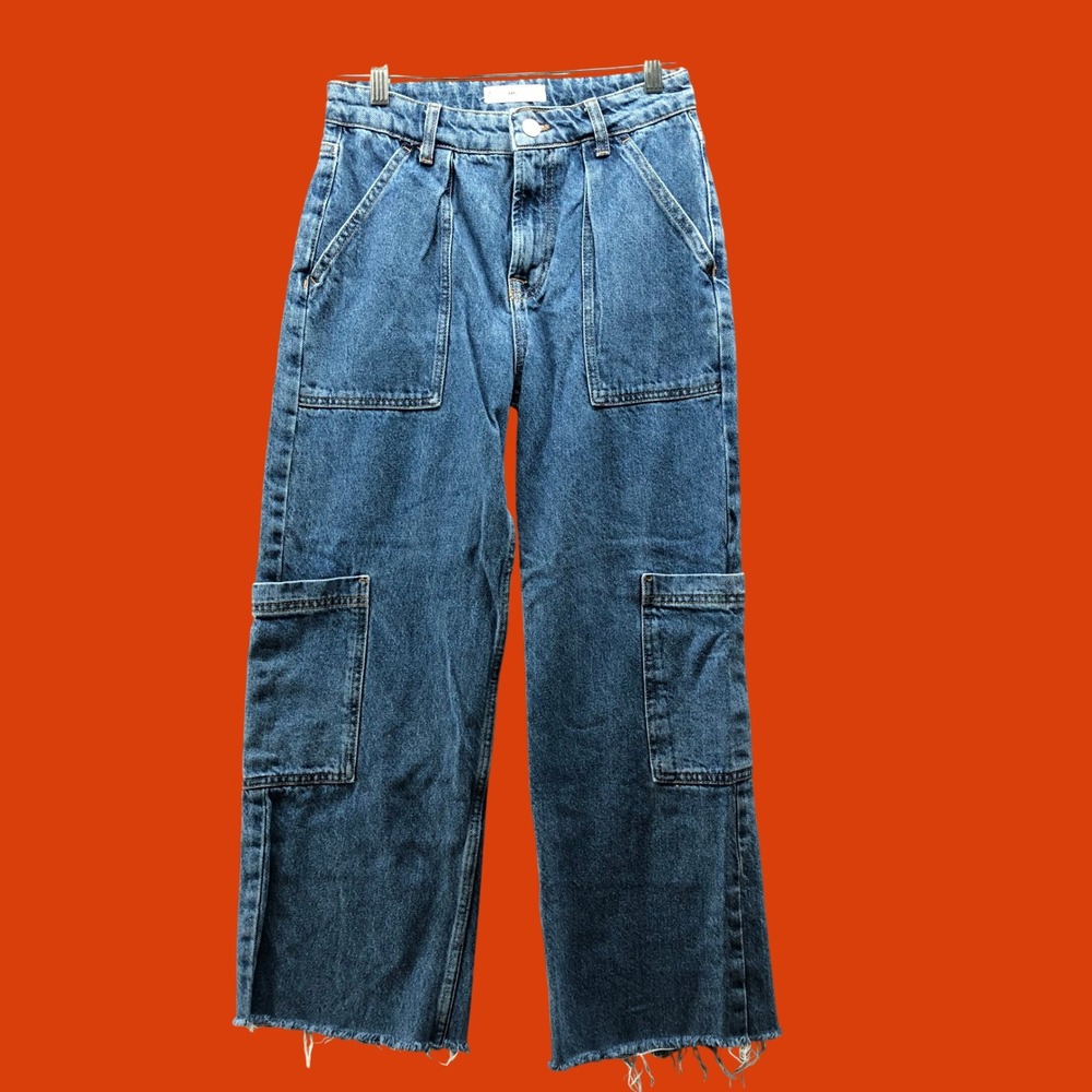 Mango MNG Blue High Rise Cargo Baggy Denim Jeans Raw Hem Size 2 Womens Cotton